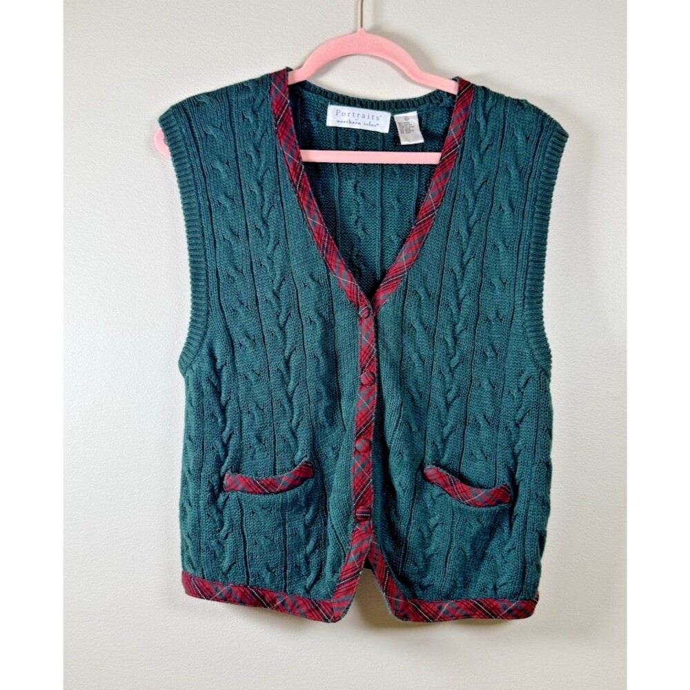 Portraits Green Cable-Knit V-Neck Sweater Vest w/ Pockets - Womens XL